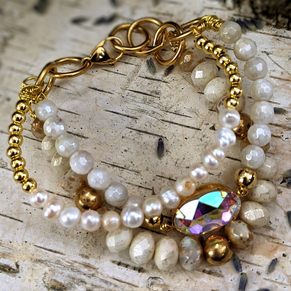 White Mystic Moonstone, Pearls & Glass In Three Strand Gold Plated Bracelet